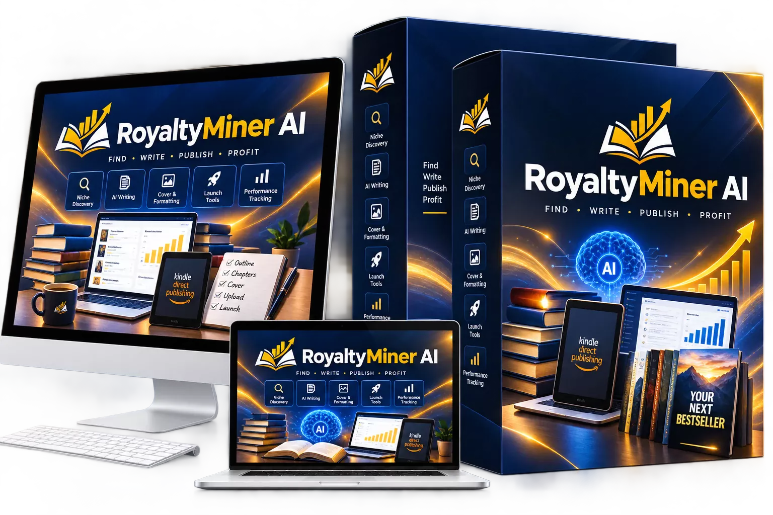RoyaltyMiner AI promo materials on desktop and laptop